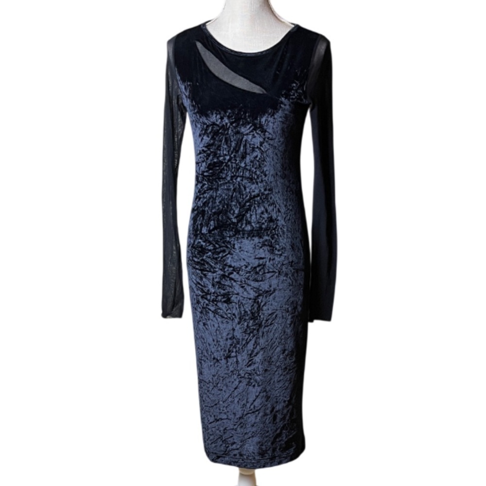 FUZZI Italian Long Sleeve Crushed Velvet Midi Dress- Midnight Blue/Black - M